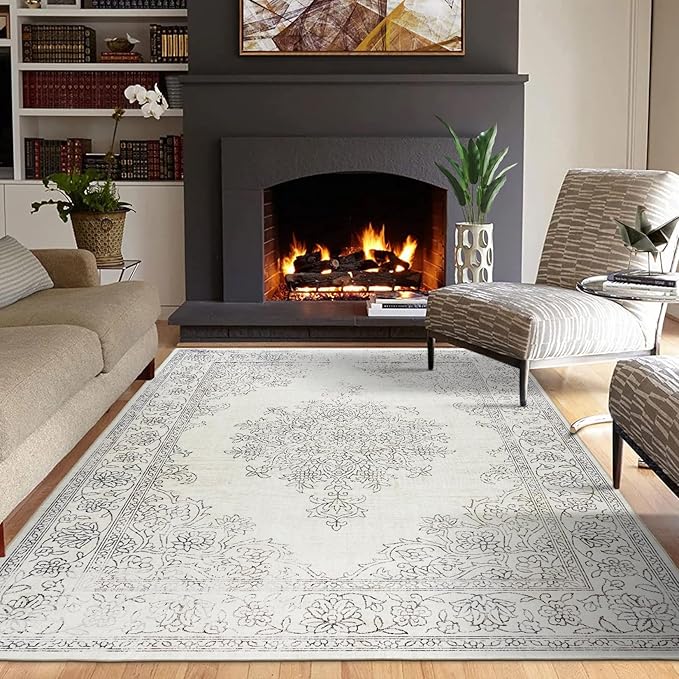 ReaLife Rugs Machine Washable Area Rug Runner - Living Room Bedroom Bathroom Kitchen Entryway Office - Padded Low Pile Stain Resistant Premium - Boho Farmhouse Vintage - Paige - Ivory 3' x 5'