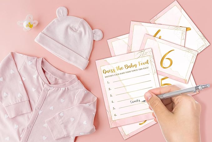 Baby Shower Game Set, Find The Baby Food Party Games(1 Standing Sign + 20 Answer Cards + 6 Number Cards), Blush Pink Shower Games, Gold Foil Gender Reveal Party Favor Decor(A03)