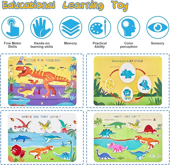 Freebear Busy Book for Toddlers Preschool Learning Activities Resources Autism Sensory Montessori Toys for 2-3 Year Old,Travel Toys, Gifts for Girls and Boys 4 5 6 Years (Dinosaur World)