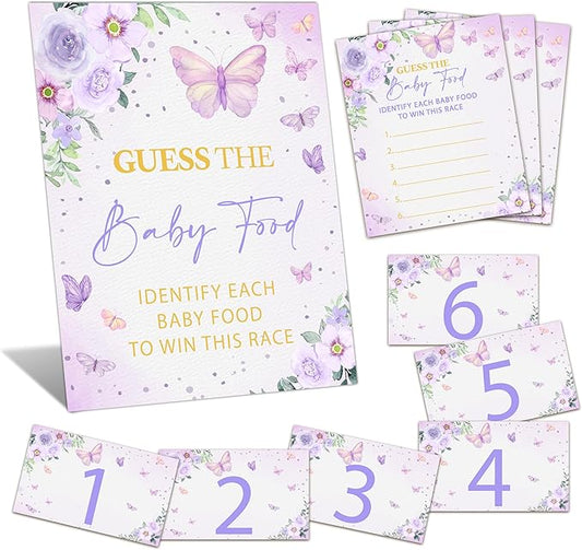 Guess the Baby Food Game Shower, 8x10 Inches Sign 25 Answer Cards and 6 Number Cards, Butterfly Kisses Shower Party Decorations Supplies Favors - C04