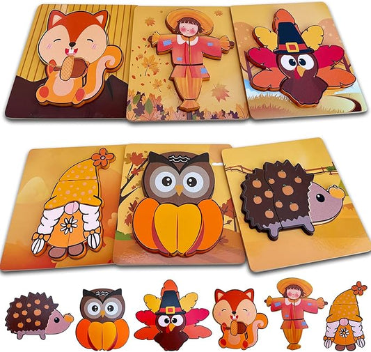 Thanksgiving Wooden Puzzles Gift for Toddler, 6 Pack Puzzles Thanksgiving Autumn Fall Harvest Party Favors for Toddlers 1 2 3 Year Old Boys Girls