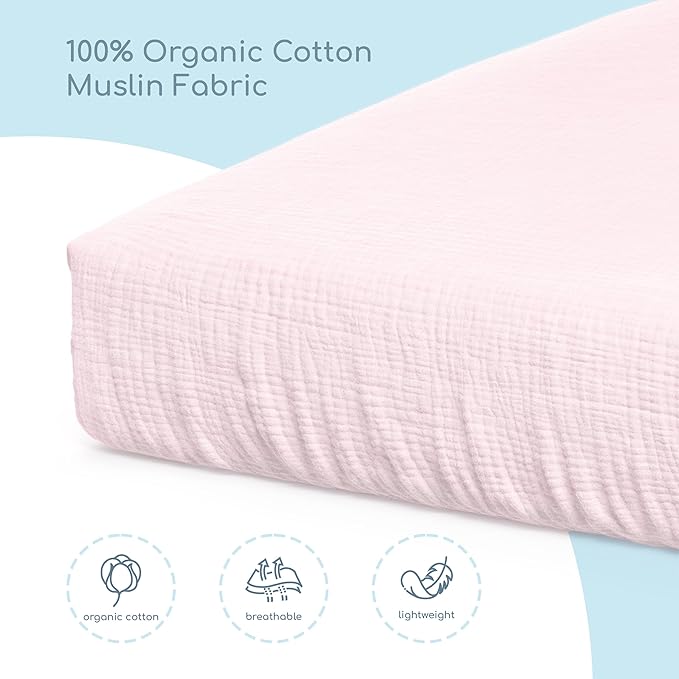 Muslin Crib Sheets, 100% Organic Cotton, Breathable and Ultra-Soft, Standard Crib Sheet Mattress (28"x 52") for Girls and Boys, Neutral Fitted Baby Crib Sheet (Light Pink)
