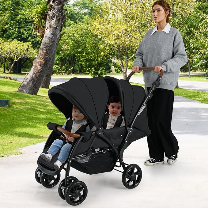 INFANS Double Stroller, Foldable Baby Tandem Stroller with Djustable Backrest Canopy Footrest, 5-Point Harness, Storage Basket, Convertible Compact Twin Stroller for Infants and Toddlers