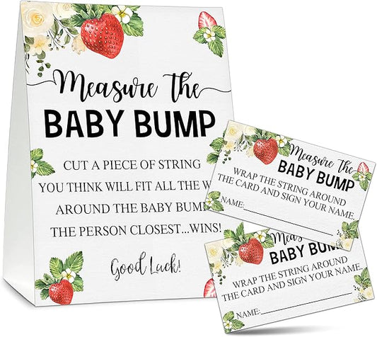 Measure the Baby Bump Baby Shower Game Set, 1 Standing Sign with 50 Guessing Cards, Strawberry Berry Gender Reveal Party Decorations Supplies - B34