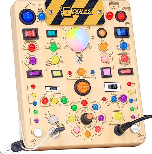 RichBoy Busy Board for 1-3 Year Old, 59 in 1 LED Light Up Wooden Sensory Montessori Switch Board Toy for Toddlers Travel Gift (7.8" x 6.5")