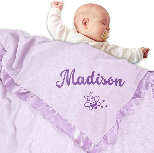Personalized Baby Blanket with Name, Custom Flannel Swaddle Blankets, Customized Receiving Blanket for Girls, Baby Shower Birthday for Newborn - Purple(36" x 36")