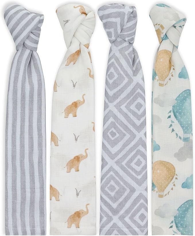 Featherhead™ 4-Pack 100% Cotton Muslin Swaddle Blankets for Baby Girl - Large 47”x 47” - Pre-Washed, Soft, & Breathable - Newborn Essential & Perfect Baby Registry Gift (4 Pack - Elephant)