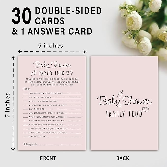 Baby Shower Family Feud Game - Pack of 30 Game Cards 1 Answer Key, Baby Shower Game for Boy & Girl, Gender Neutral Baby Shower Decorations, Baby Feud Game Supplies-01A-Indipink