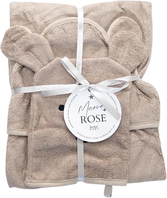 Hooded Baby Towel with Mitt - Ultra Soft Plush Bath Essential for Newborn, Infant & Toddler - Premium 30x30 Inch Large Absorbent Baby Bath Towels with Hood for Boys & Girls (Cuddly Bear)