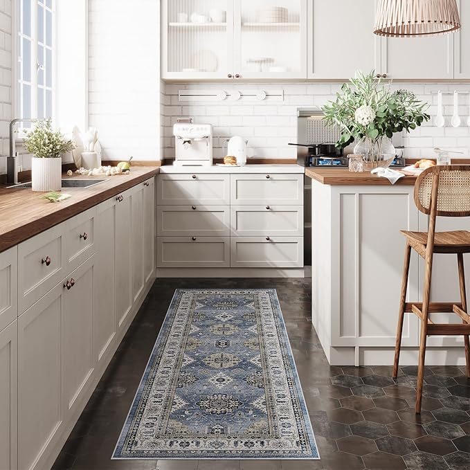 Dripex Hallway Runner Rug 2x10, Washable Rug Kitchen Rug Non Slip with Rubber Backing Soft Thin Vintage Carpet Runner for Entryway Bedroom Bathroom Laundry Room Living Room Decor, Blue Cream Multi