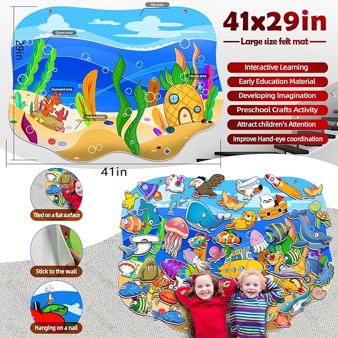SKOLESK Felt Story Board Set 41x29 inch Flannel Board 75 Pcs Preschool Learning Ocean Themed Toy Interactive Storytelling Teaching Play Activity Kits for Toddlers Kids