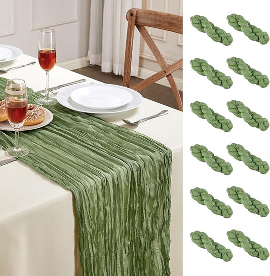 12 Pack Sage Green Cheesecloth Table Runner 10FT Long Boho Gauze Table Runner Rustic Sheer Runner for Wedding Bridal Baby Shower Birthday Party Table Decor Thanksgiving Christmas Decorations