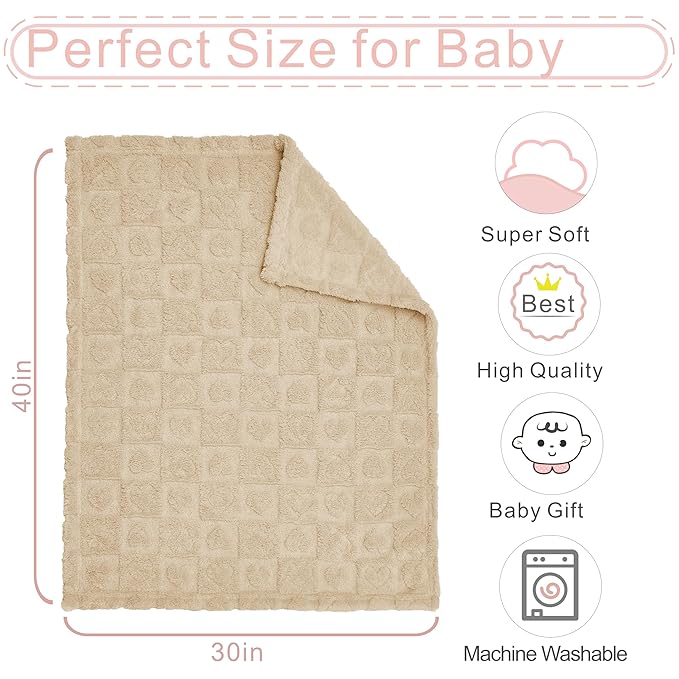 Yurhap Fleece Baby Blanket Heart Checkered, Ultra Soft Cozy Baby Blankets for Boys Girls, Fluffy Infant Toddler Newborn Receiving Gifts for Crib Stroller 30"x40" (Khaki)