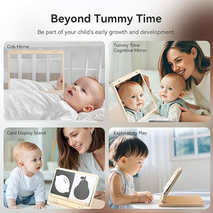 IEATFO Tummy Time Play Set Adjustable Angle, Double-Sided Design, Montessori Tummy Time Toys Large Baby Safe Mirror and Card Display Stand with Black and White High Contrast Baby Cards