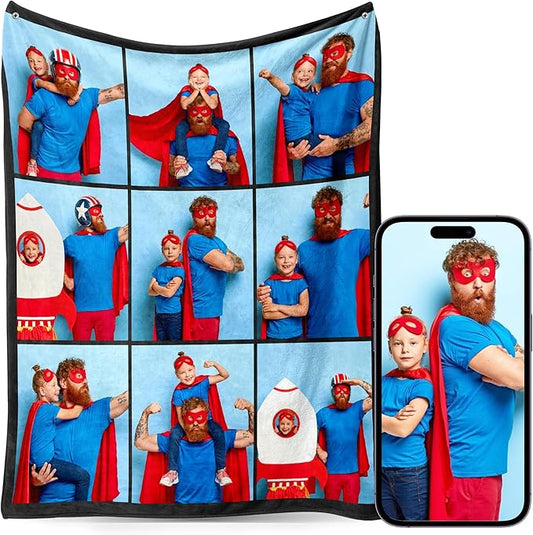 Custom Personalized 9 Photo Collage Blanket Thow Gifts with Text, Customized Pictures Blankets Gift for Christmas Birthday Thanksgiving Adults Kids Dad Mom Girlfriend Boyfriend (9 Grid)
