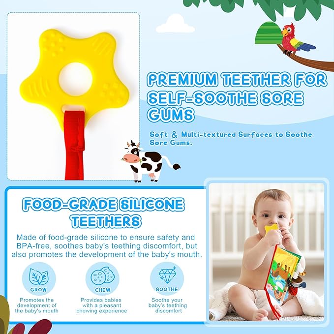 Soft Baby Book - Baby Toy - Newborn Boys Girls Shower Gift - Tummy Time Toy for Infant 0-6 6-12 Months - Touch and Feel Sensory Crinkle Book with Teether for Toddler