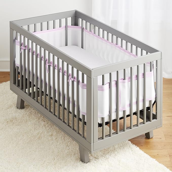 BreathableBaby Breathable Mesh Liner for Full-Size Cribs, Classic 3mm Mesh, Rose Seersucker (Size 4FS Covers 3 or 4 Sides)