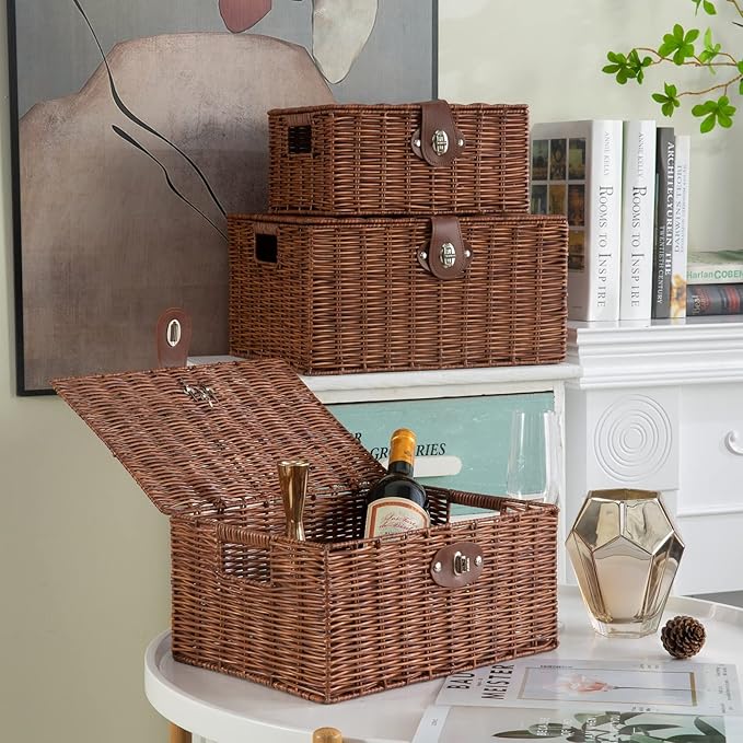 Set of 3 Woven Wicker Storage Basket Box with Lid & Lock, Built-in Carry Handles, Multifunctional Storage Organiser for Nursery, Baby, Clothes, Toys, Books, Large/Medium/Small Size (Natural)