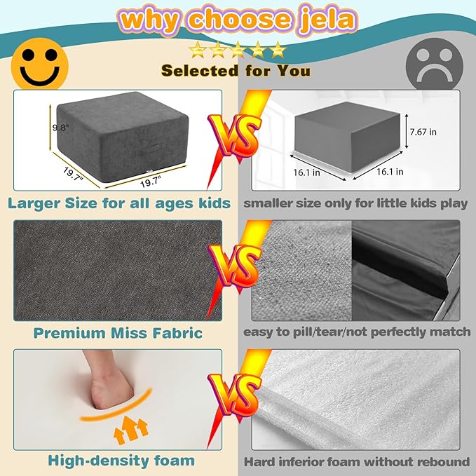 jela Kids Foam Climbing Blocks 6Pcs Soft Play Equipment, Toddler Climbing Toys Indoor Soft Play Climbing Set, Lightweight Climbing Blocks for Babies, Crawling Foam Playset (Miss Fabric Darkgrey)