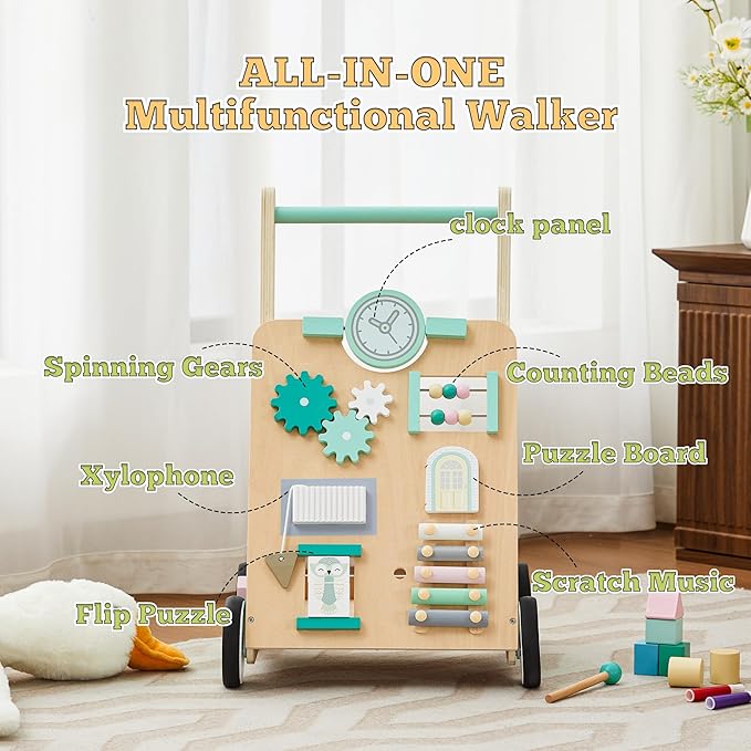 Wooden Baby Walker, Wood Push Walker Adjustable Height and Speed Multiple Learning Activity Walker Baby Walker with Wheels for Girls 6-12 Months, Green