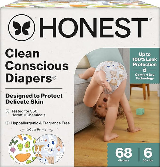 The Honest Company Clean Conscious Diapers for Delicate Skin | Up to 100% Leakproof | Hypoallergenic, Fragrance Free | Gender Neutral | Super Club Box, Size 6 (35+ lbs), 68 Count (Prints May Vary)