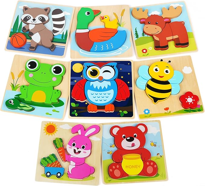 BenBen Wooden Puzzles for Toddlers 1-3, 8 Pack Animal Puzzles for Toddlers 2-4, Montessori Toys for 1 2 3 Year Old Boys Girls, Learning Educational Preschool Toys