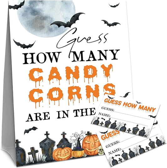 Halloween How Many Candy Corns Are In The Jar - 1 Standing Sign & 50 Guessing Cards - Halloween Party Game & Decoration For Boys, Girls, Adults - Baby Shower, Birthday Game Set - A01