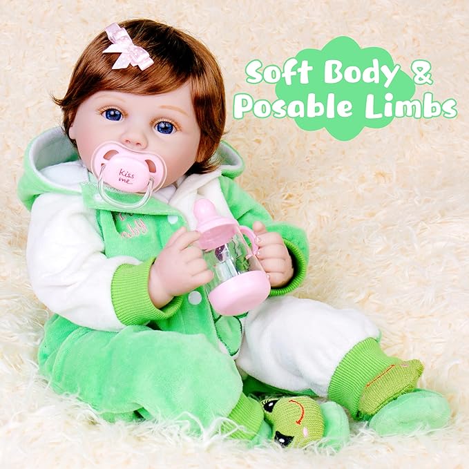 Reborn Baby Dolls 22-Inch Realistic Baby Doll Soft Cloth Body Real Life Baby Dolls with Green Frog Clothes Toys Accessories Birthday Gift Set for Kids 3+