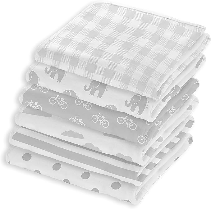 Baby Blankets - Soft Pure Cotton Swaddle Blankets for Boys and Girls - 6 Pack Grey & White Designs - Multi Use - 30 x 30 Inches
