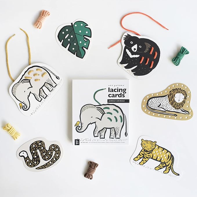 Wee Gallery Jungle Lacing Cards, Sewing Board and Travel Game for Toddlers and Preschoolers, Fine Motor Skills Toy, Montessori-Inspired Educational Kids Craft Activity for Ages 3+