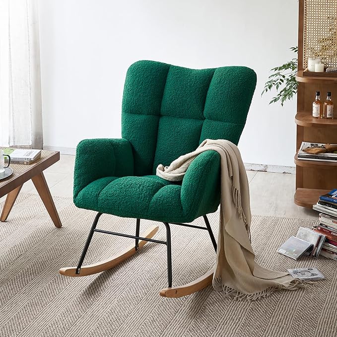 Kiztir Rocking Chair Nursery, High Backrest Teddy Glider Rocker Upholstered Rocker Recliner Modern Rocking Accent Chairs for Bedroom, Living Room, Offices (Green)