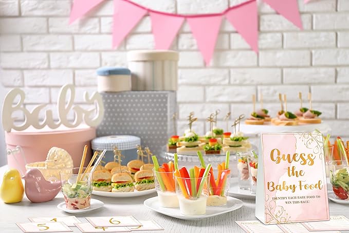 Baby Shower Game Set, Find The Baby Food Party Games(1 Standing Sign + 20 Answer Cards + 6 Number Cards), Blush Pink Shower Games, Gold Foil Gender Reveal Party Favor Decor(A03)