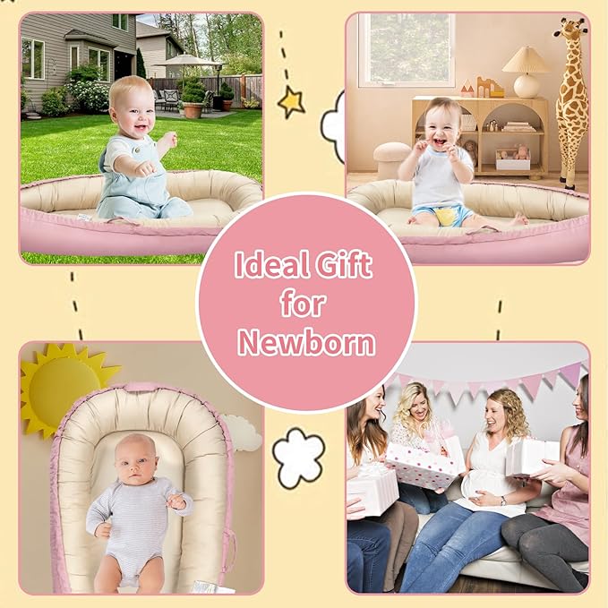 Baby Lounger, Baby Nest Cover for Baby, Reversible & Breathable Cotton, Adjustable Baby Floor Seat for Tummy Time, Portable Infant Lounger, Essentials for Newborns (Pink)
