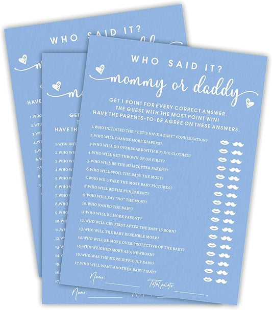 EXW Baby Shower Games, Who Said It Mommy Or Daddy, Double-sided Filling Blue Minimalism Game Cards, Baby Shower Activity, Party Supplies & Decorations, Set of 30 -B03