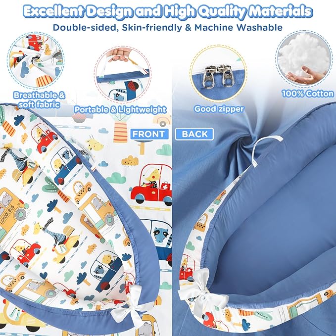 Baby Lounger - Baby Lounger for Newborn 0-24 Months, Breathable and Soft Cotton Cover Baby Nest, Portable Cozy Tummy Time Lounger for Home and Travel, Ideal Baby Essentials & Shower Gifts