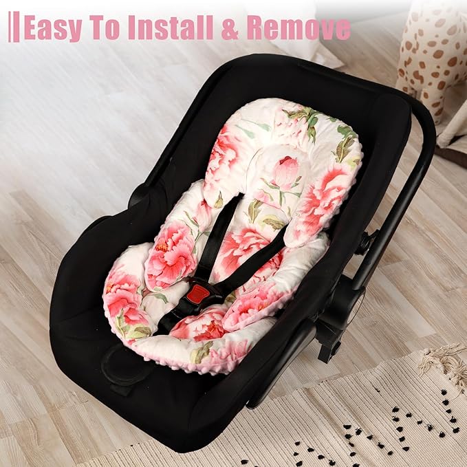 Infant Car Seat Insert, HNHUAMING Baby Car Seat Head & Body Support for Newborn, Ultra Soft Reversible Preemie Carseat Insert Cushion for Girls Boys, Fit CarSeat, Stroller, Swing, Bouncer, Pink Floral