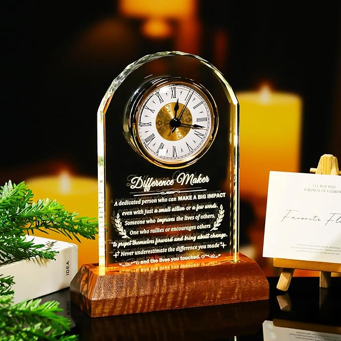 Difference Maker Glass Clock Gifts, Thank You Gift for Coworker Boss Mentor Leader Teachers Employee with Wooden Light Base, Crystal Difference Maker Plaque Appreciation Keepsake for Women Men