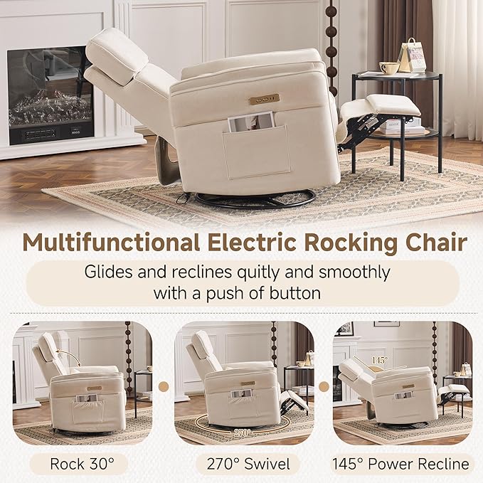 MELLCOM Power Recliner Rocking Chair Nursery Gliders with Adjustable Armrests and Headrest, Swivel Electric Glider Reclining Nursing Chair with USB Port and Storage Bags, FSC Certified
