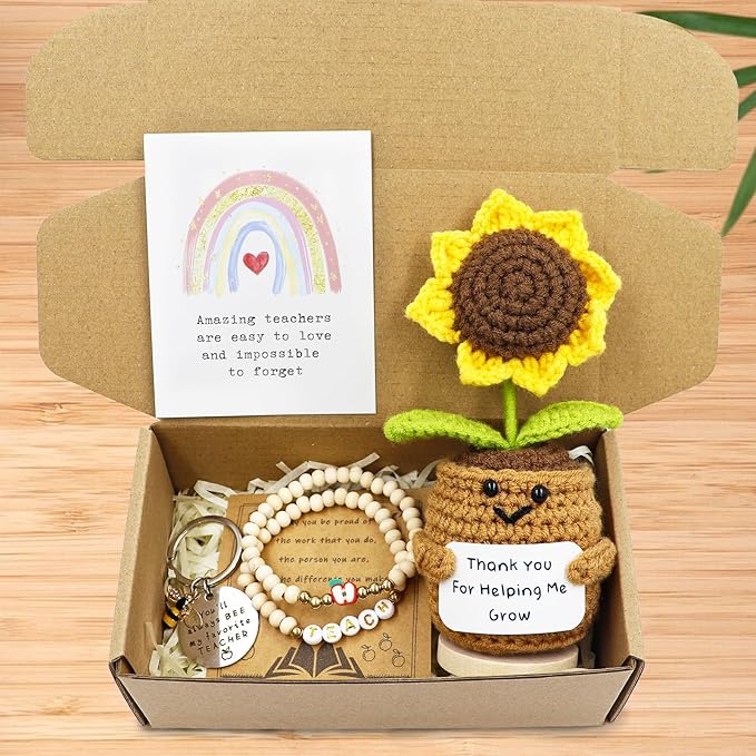 Lamyba Teacher Appreciation Gifts for Women,Handmade Positive Sunflower Crochet Doll, Inspirational Card, Keychains, Bracelet & Gift Box, Christmas/Valentines Day/Thank You Gifts for Teacher