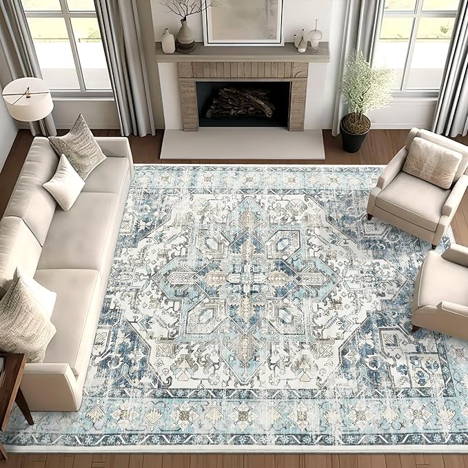 zesthome 8x10 Area Rugs-Washable Rug for Living Room, Non-Slip Backing Rugs, Stain Resistant 8x10 Rug for Bedroom, Ultra-Thin Low Pile Rugs, Vintage Large Home Decor