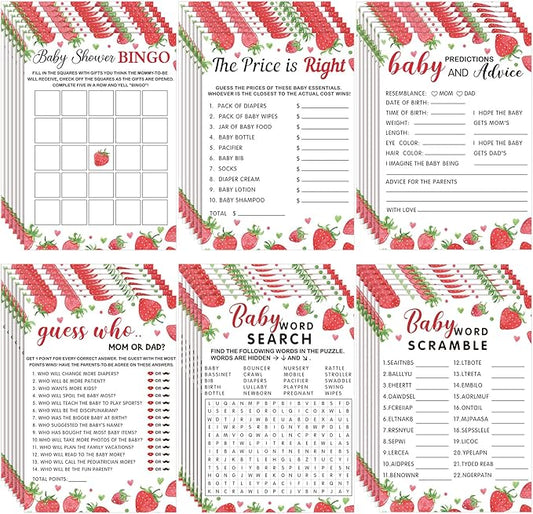 Jetec Strawberry Theme Baby Shower Games - 6 Games, 50 Sheets Each - Baby Shower Bingo, Word Scramble, Word Search, Predictions and Advice, The Price is Right, Guess Who