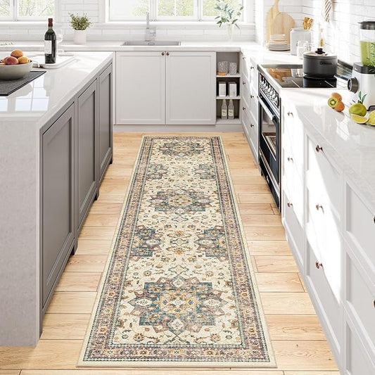 Dripex Vintage Runner Rug-2x8 Washable Distressed Hallway Oriental Medallion Carpet Runner Non-Slip Stain-Resistant Kitchen Mat Foldable Thin Accent Rug for Entrance Living Room Bedroom