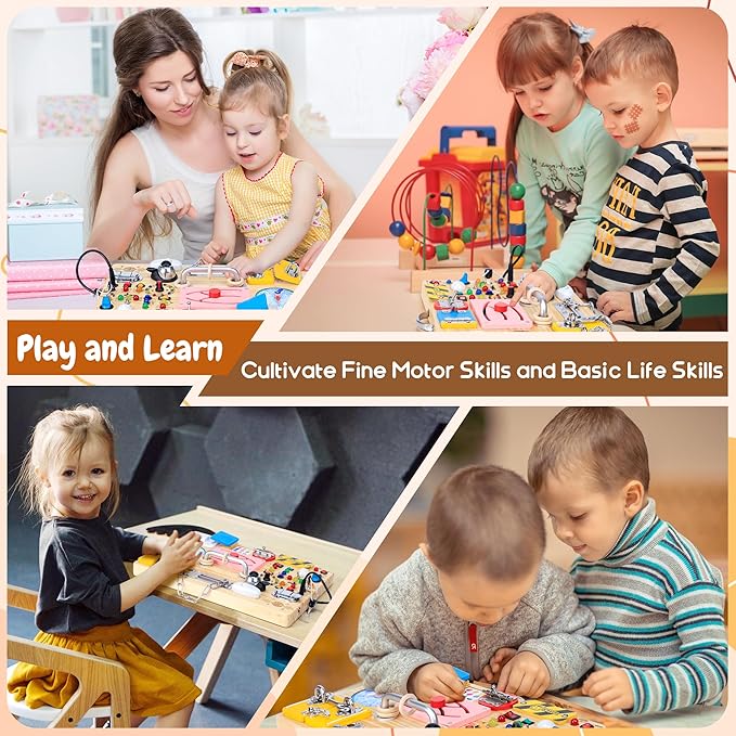 25 in 1 Busy Board with 13 LED Light Switches and 12 Activity, Montessori Toys for 1 2 3 Years Old, Wooden Sensory Board, Toddlers Travel Toys for 1+ Year Old Boy & Girl Birthday Gift（Extra-Large）