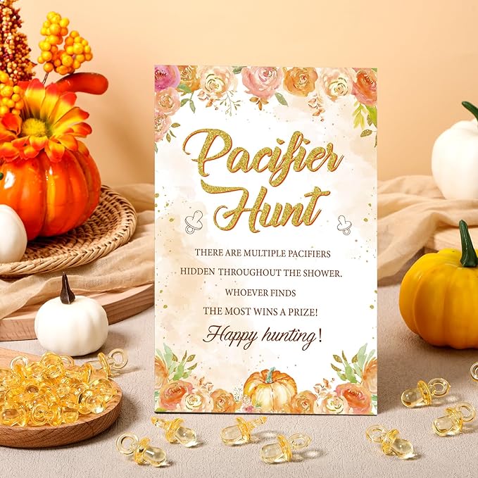 Thyle 51 Pcs Pacifier Hunt Baby Shower Games Include Hunt Sign and 50 Acrylic Pacifiers for Baby Shower Game Decoration Gift Sets Gender Reveal Party Decor (Watercolor Pumpkin)