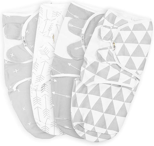 BaeBae Goods Swaddle Blanket, Adjustable Infant Baby Swaddling Wrap Set of 4, Baby Swaddling Wrap Blankets for Boys and Girls Made in Soft Cotton (Grey Triangles, 0-3 Months)