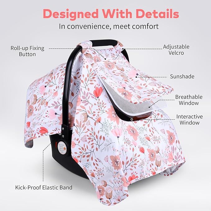 Car Seat Cover Baby, Carseat Covers Baby with 2 Layers Breathable Zipper Windows, Windproof Infant Car Seat Cover, Kick-Proof Baby Carrier Cover for Baby Girl Newborn Essentials