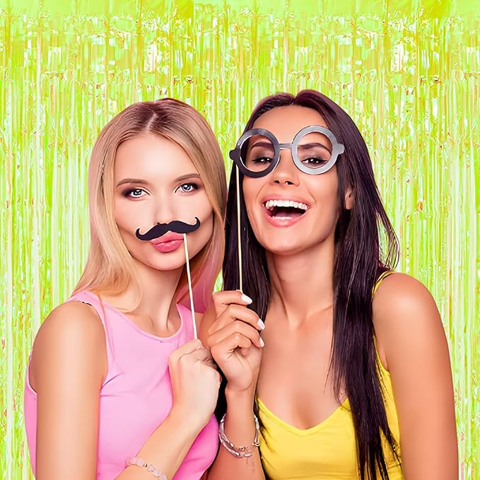 BRAVESHINE Iridescent Foil Fringe Backdrop - 2 Pack 3.2 x 6.5 ft Holographic Tinsel Curtain Party Streamers Photo Backdrop for Birthdays Dinosaur Theme Christmas Patricks Decorations - Clear Green