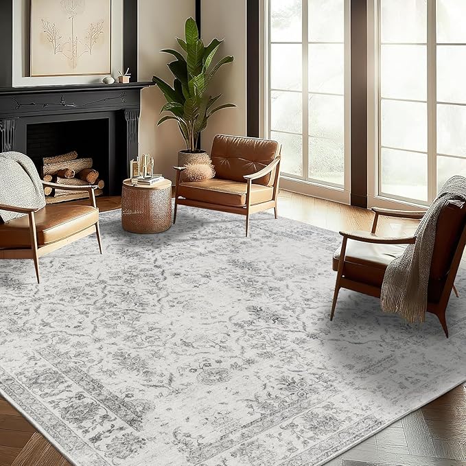 ReaLife Rugs Machine Washable Area Rug - Living Room Bedroom Bathroom Kitchen Entryway Office - Padded Low Pile Stain Resistant Premium - Boho Farmhouse Vintage - Noor - Ivory Grey 7'6" x 9'6"