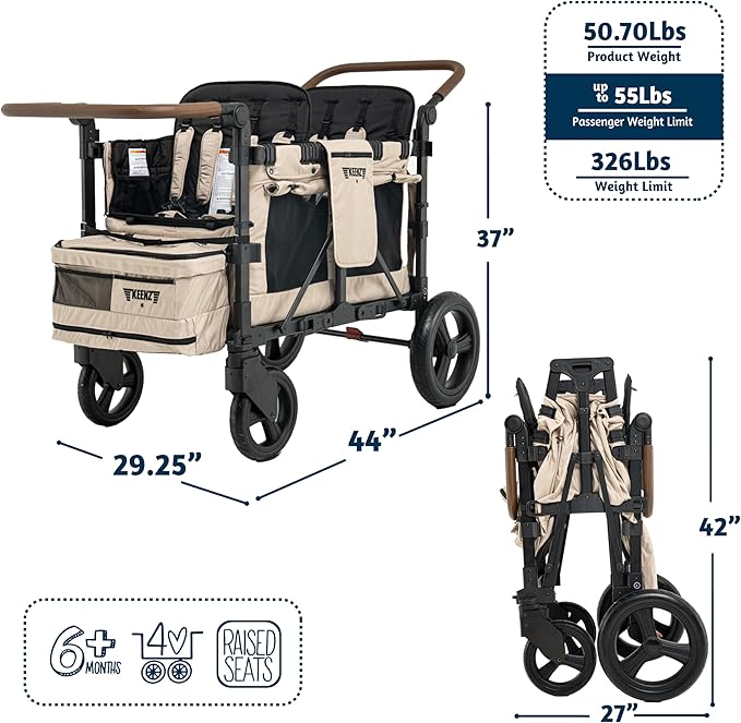 Keenz XC+ EVO- Luxury 4 Passenger Stroller Wagon for Kids | Foldable 4 Passenger Quad Seater with Adjustable Canopy | Mocha