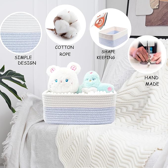 COMFY-HOMI 11.5"x7.5"x4.7" Storage Baskets for Organizing | Cotton Rope Woven Basket | Toy Storage Bin Box | Basket for Shelves, Closet Organizer Bin, Decorative Closet Shelf, 3 Pack, white/bule